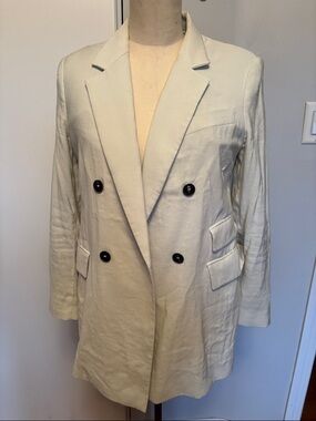 Mango Double-Breasted light green  Linen Blend Blazer for Women